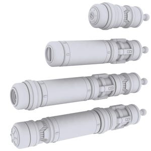 May include: A collection of four cylindrical objects, each with a light gray color and a detailed, mechanical design. The objects vary in size, with the smallest at the top and the largest at the bottom. Each has a rounded end and a series of bands and connectors.