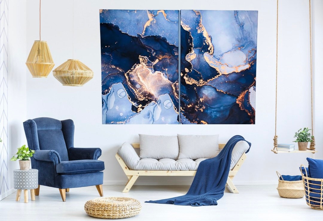Navy Blue Marble Wall Art Print Marble Wall Decor Blue Marble Canvas