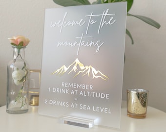 Welcome to the Mountains Drink Reminder | One Drink At Altitude Acrylic Sign | Feeling High At Elevation Open Bar | Alpine Mountain Wedding