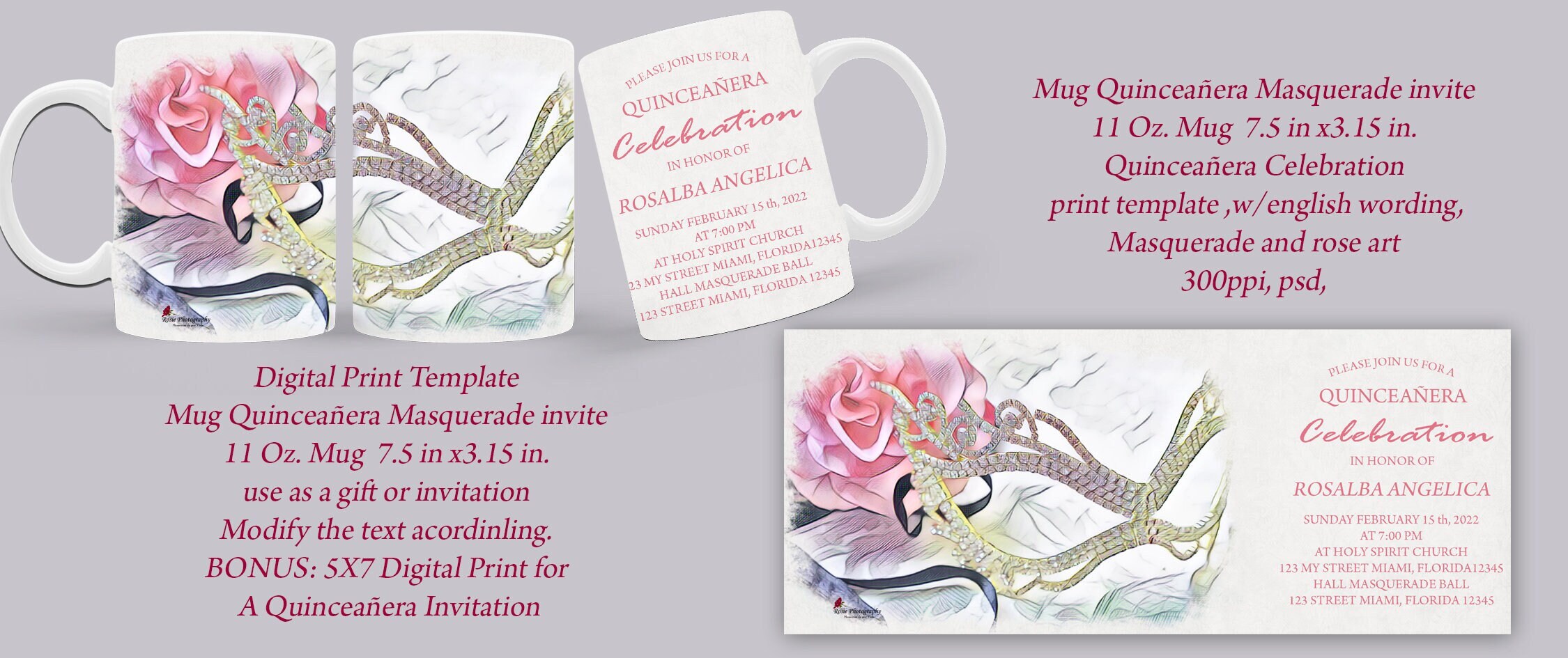 Digital Print Template Mug Quinceaera Masquerade invite 11 Oz Mug 75 in x315 in BONUS 5X7 Digital Print for A Quinceaera