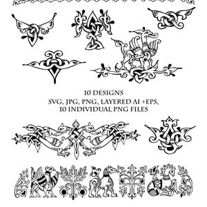 May include: A set of 10 black and white vector illustrations of Celtic knotwork designs. The designs include a variety of intricate patterns, including birds, animals, and floral motifs. The designs are perfect for use in scrapbooking, card making, and other craft projects.