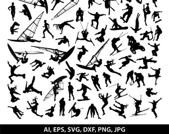 Silhuetas de esportistas vetoriais (ilustração digital para impressão clipart silhueta de pessoas esportivas scrapbooking svg eps dxf ai png jpg set)