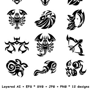 Kolekcja wektorowych tatuaży plemiennych ze znakami zodiaku i horoskopem (astrologia do druku, projekt scrapbooka, fortuna, cyfrowa, warstwowa, eps, ai, svg, jpg, png)