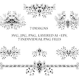 May include: A set of seven black and white vector illustrations of Celtic knotwork designs. The designs include a border, a single knot, and two designs with birds.