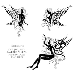 Könnte beinhalten: Drei schwarz-weiße Silhouetten-Designs von Feen mit filigranen Flügeln. Jede Fee hat eine andere Pose und ein anderes Flügeldesign.