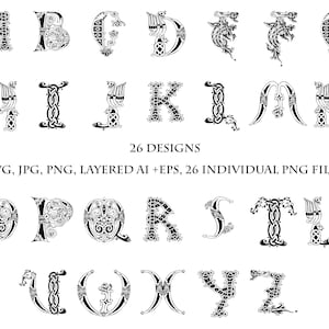 Könnte beinhalten: Schwarz-weiße Buchstaben des Alphabets in einem keltischen Knotendesign. Die Buchstaben sind stilisiert und kunstvoll, mit einem mittelalterlichen oder fantasievollen Flair.  SVG, JPG, PNG, geschichtetes AI +EPS, 26 EINZELNE PNG-DATEIEN.