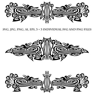May include: Three black and white tribal design elements. Each design is symmetrical and features intricate patterns of swirls and lines.