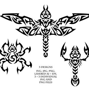 Tribal vector tattoo designs ( dragonfly insect spider scorpion scorpio digital collection scrapbook printable svg jpg png layered ai eps )