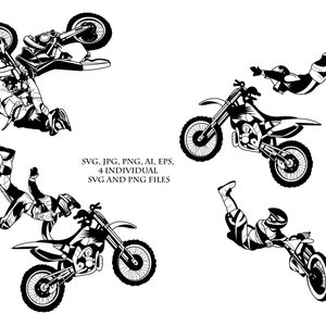 May include: Black and white illustration of a motocross rider performing a stunt on a dirt bike. The rider is upside down in the air, with the bike's front wheel pointing towards the sky. The rider is wearing a helmet and goggles, and the bike has a number plate on the side.