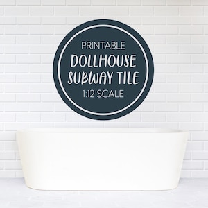 May include: Printable dollhouse subway tile in 1:12 scale. The tile is white and is shown in a bathroom setting with a white bathtub.
