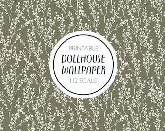 Dollhouse Miniature Wallpaper, Floral Buds, Greenery, Printable Digital Download, 1/12 Scale, Farmhouse, 8.5 x 11" & 11 x 17" Sheets