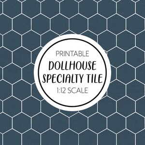 May include: Printable dollhouse specialty tile in a 1:12 scale. The tile is a repeating pattern of white hexagons on a dark blue background.