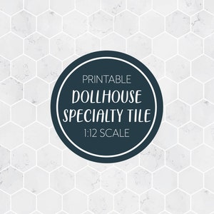 May include: Printable dollhouse specialty tile in a white marble hexagon pattern. The tile is 1:12 scale.