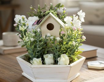 Handcrafted Birdhouse Floral Centerpiece | Spring Home Decor, Mother's Day Gift