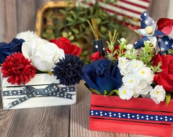 Patriotic Faux Floral Arrangement | Americana Decor Crate, Fourth of July Tabletop