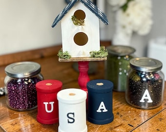 Patriotic Birdhouse and USA Spools Set | Americana Farmhouse Tabletop Decor