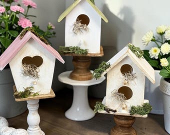 Wooden Birdhouse Decor | Farmhouse Pedestal Tabletop Accent (Indoor Use)