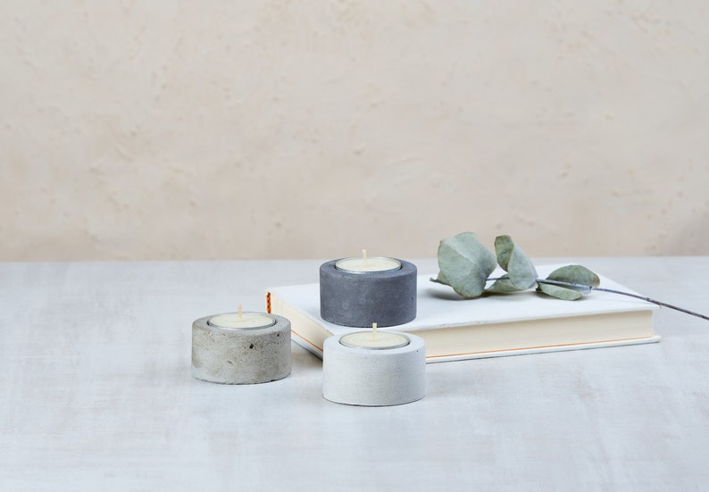 Concrete tealight holder. Minimalist tea light candle stand. Unique cement dining room decor. Modern wedding table decoration. Rustic design image 1