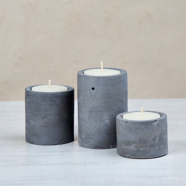 Concrete tealight holder set. Tea light candle stand trio in different colors. Minimalist pillar design. Industrial wedding table decor