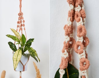 Macrame plant hanger, Blush daisy flower wall hanging, Boho planter hammock, Earthy room decor, earth tones wall art, housewarming gift.