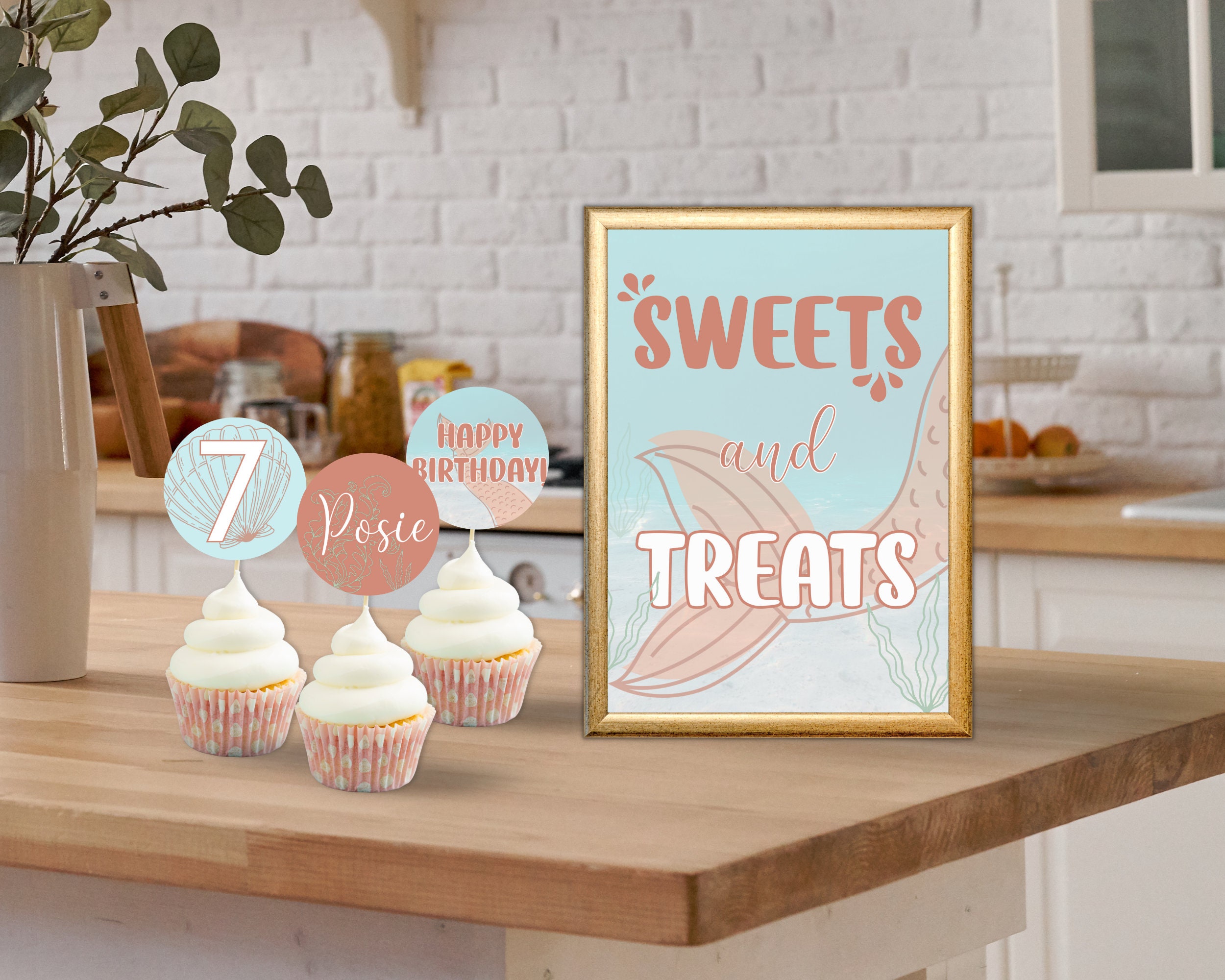 Mermaid Party Decor Cupcake Toppers and Sweets and Treats Sign Mermaid Birthday Party Decor EDITABLE DIGITAL DOWNLOAD A103
