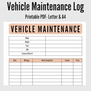 Vehicle Service Tracker- Vehicle Maintenance Log- Vehicle Repair Expense Tracker- Car Maintenance- Car Service Log- PDF- Letter- A4