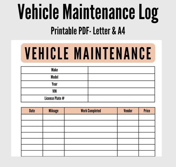 Vehicle Service Tracker Vehicle Maintenance Log Vehicle Etsy