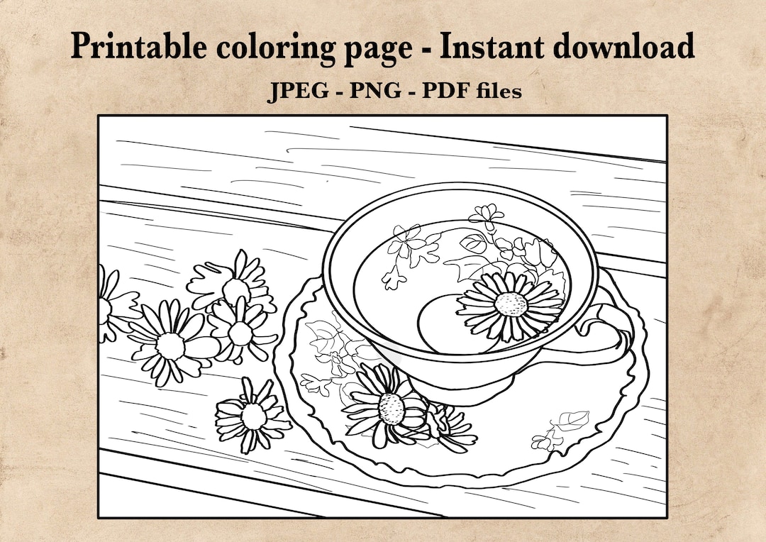 Tea Cup Printable Coloring Page Line-art Illustration - Etsy