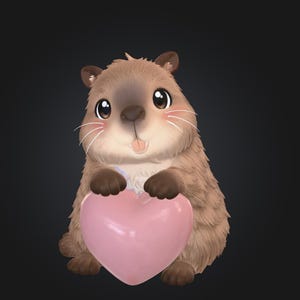 Könnte beinhalten: Ein niedliches, cartoonartiges Nagetier mit braunem Fell und großen, ausdrucksstarken Augen. Das Nagetier hält ein rosa Herz, wobei die Zunge herausragt. Der Hintergrund ist ein dunkles Grau.