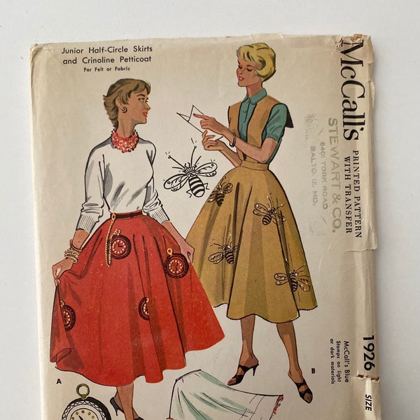 Vintage 1954 McCall's Pattern 1926 Size 11 Printed Pattern with Transfer - Junior Half-Circle Skirts and Crinoline Petticoat - Pattern Uncut