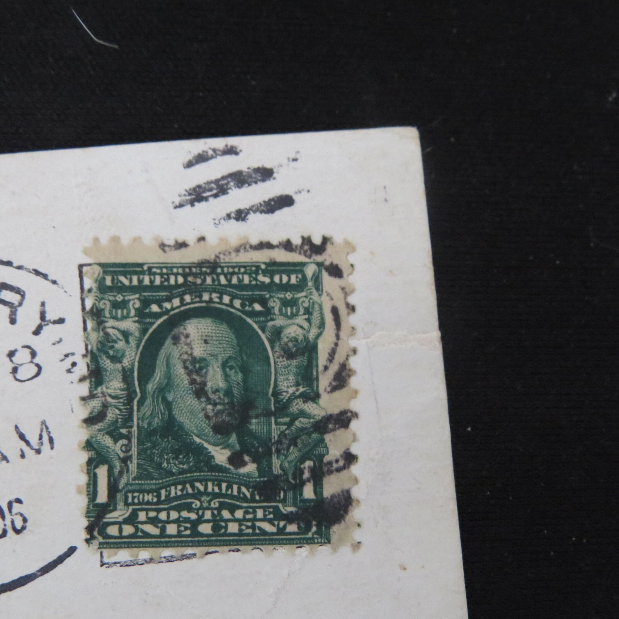 1905 Benjamin Franklin 1 Cent Blue/green Stamp on 1906 Postmarked