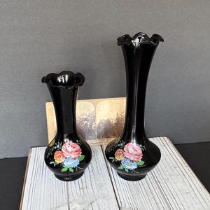 Vintage Black Amethyst 2 Piece Vase Set | Hand Blown Glass | Black Amethyst | Floral Painted | Vintage 2 Piece Collection