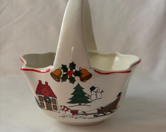 Vintage Jamestown China “The Joy of Christmas” Basket – Horse Sleigh Snowman Holiday Serving Basket Made in Japan
