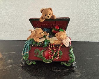 Vintage Christmas Teddy Bear Music Box Treasure Chest Angel Holiday Figurine Collectible Gift