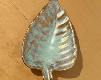 Vintage Stangl Pottery Leaf Dish: MCM Gold & Aqua Trinket Tray