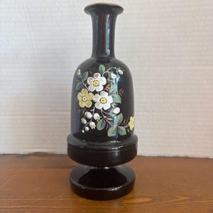 Vintage Black Amethyst Vase | Hand Blown Glass | Black Amethyst | Floral Painted | Vintage