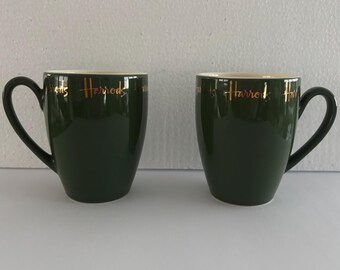 Harrods Knightsbridge London Mug Set of 2 Dark Green Gold Logo Vintage British Souvenir Coffee Cups