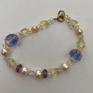 Beaded Bracelet with Spring Ring Clasp Closure - Pearl, Clear, Blue, Amethyst, Pale Yellow Beads