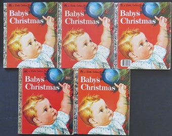 May include: A set of five vintage "Baby's Christmas" Little Golden Books. The books feature a baby reaching for a blue Christmas ornament on a red background.