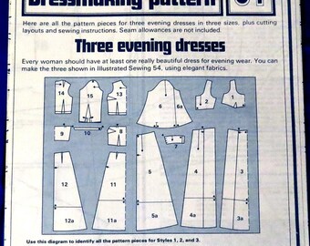 1970s Evening Dress Sewing Pattern: Three Styles, Dressmaking Pattern No.54