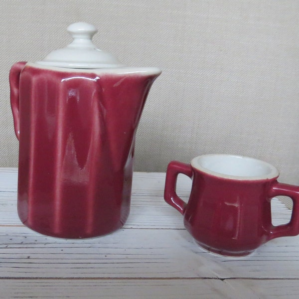 Vintage Hall Restaurant Ware Cranberry/Maroon and White Ribbed 1 cup Teapot and Sugar Bowl Marked Hall