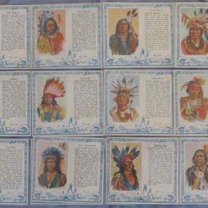 Cartas colecionáveis "American Indian Chiefs" da Red Man Tobacco de 1954. Por favor, certifique-se de olhar todas as fotos e escolher suas cartas. Raro!