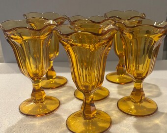 Vintage Amber Tulip Parfait Glasses Anchor Hocking Footed Dessert Goblet Scalloped Sundae Glassware