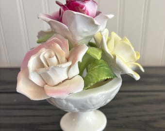 Vintage Charisma Bone China Floral Pedestal Bowl | English Porcelain Rose Bouquet Arrangement