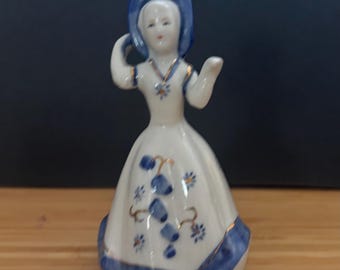Vintage Blue White Victorian Lady Bell Gold Accents Collectible Decorative Antique Porcelain