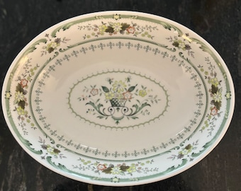 Vintage Royal Doulton Provençal English Translucent China TC1034 Oval Vegetable Bowl White China with Green Scrolls and Colorful Floral Rim
