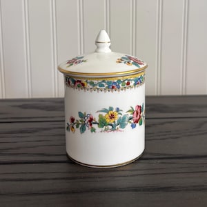 Coalport Ming Rose Bone China Lidded Jam Jar / Sugar Bowl with Spoon Notch, Made in England Floral Gold Trim Vintage