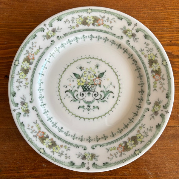Vintage Royal Doulton Provençal English Translucent China Bread and Butter Plate White China with Green Scrolls and Colorful Floral Rim