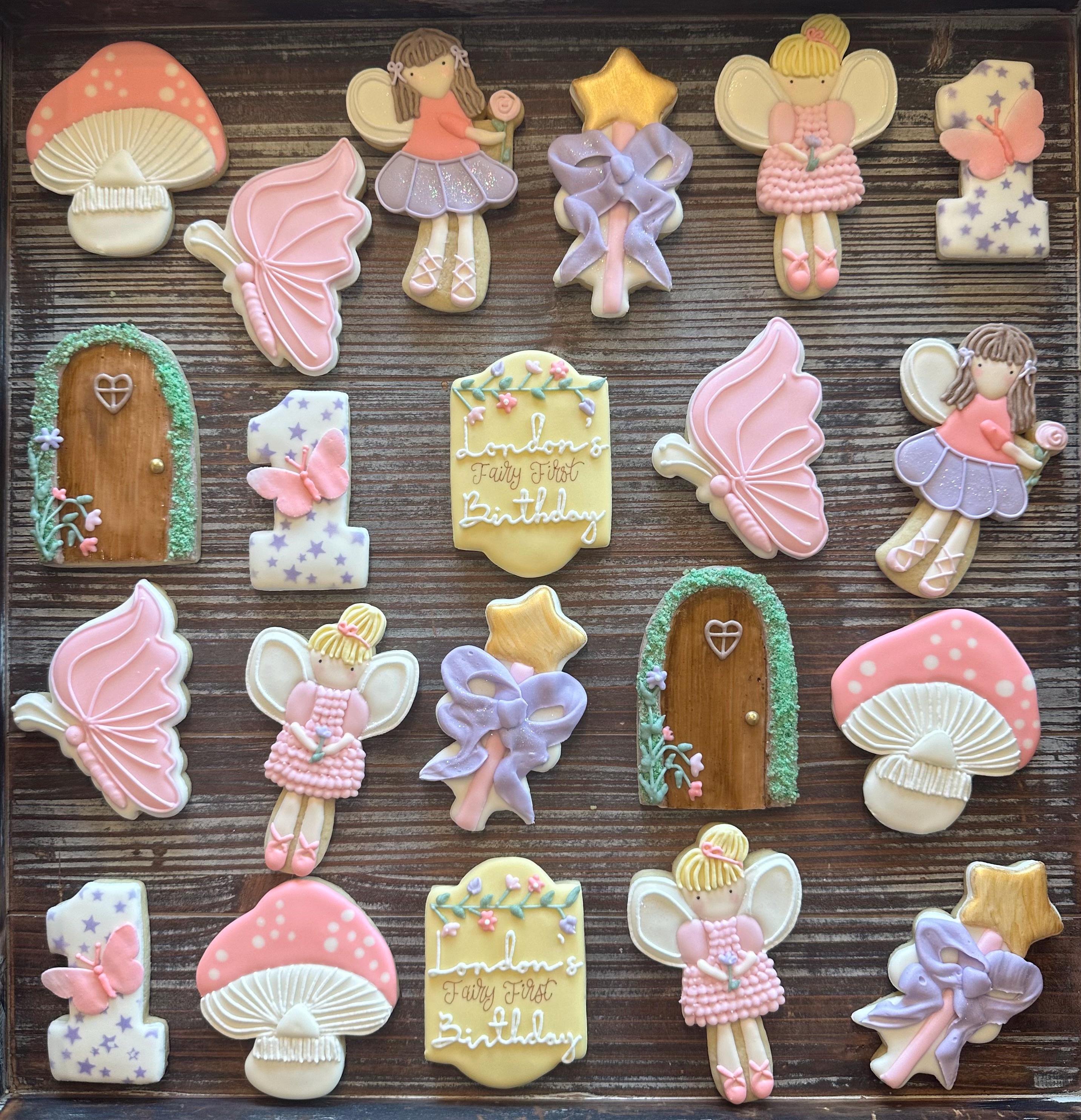 Fairy First Birthday Sugar Cookies w/royal icing: Butterflies, Toadstools (Gluten/Dairy Free Options) made to order, by the dozen.