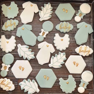 Baby Shower Sugar Cookies: Royal Icing, Gold Accent (Dairy-Free/Gluten-Free Options), made to order, by the dozen.